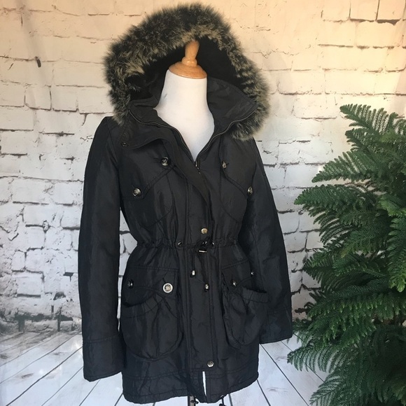 Laundry By Shelli Segal Black Fox Fur Trim hooded Parka Jacket Coat size small - Picture 3 of 10